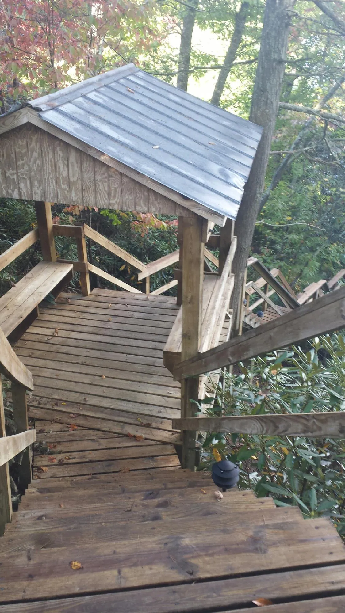 Metal roofed shelter over wooden steps on a wooded walkway — Skylight Repair & Installation work by our crew in Random Lake
